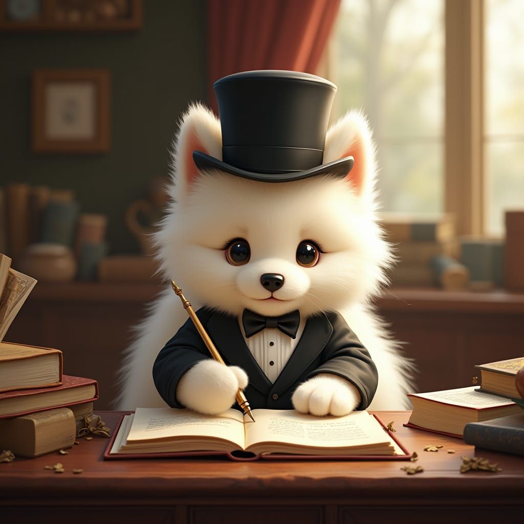 Samoyed Puppy Gentleman Writes in Journal, Classical Style