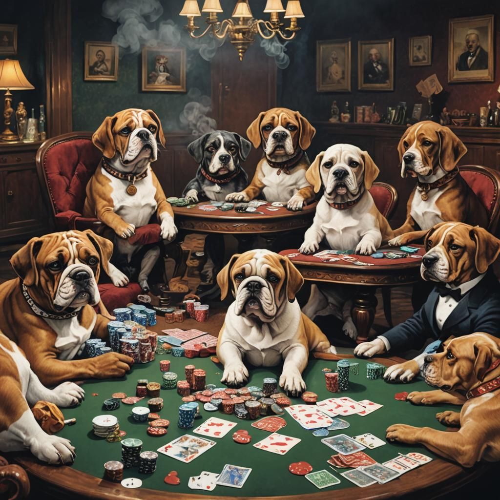 Dogs Playing Poker in a Smoky Poker Den