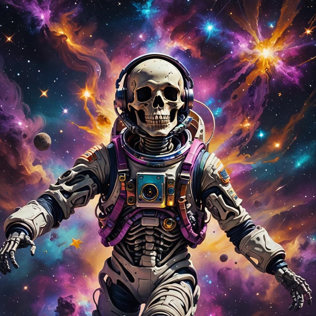 Astronaut Skeleton in Space with Flowing Starlight