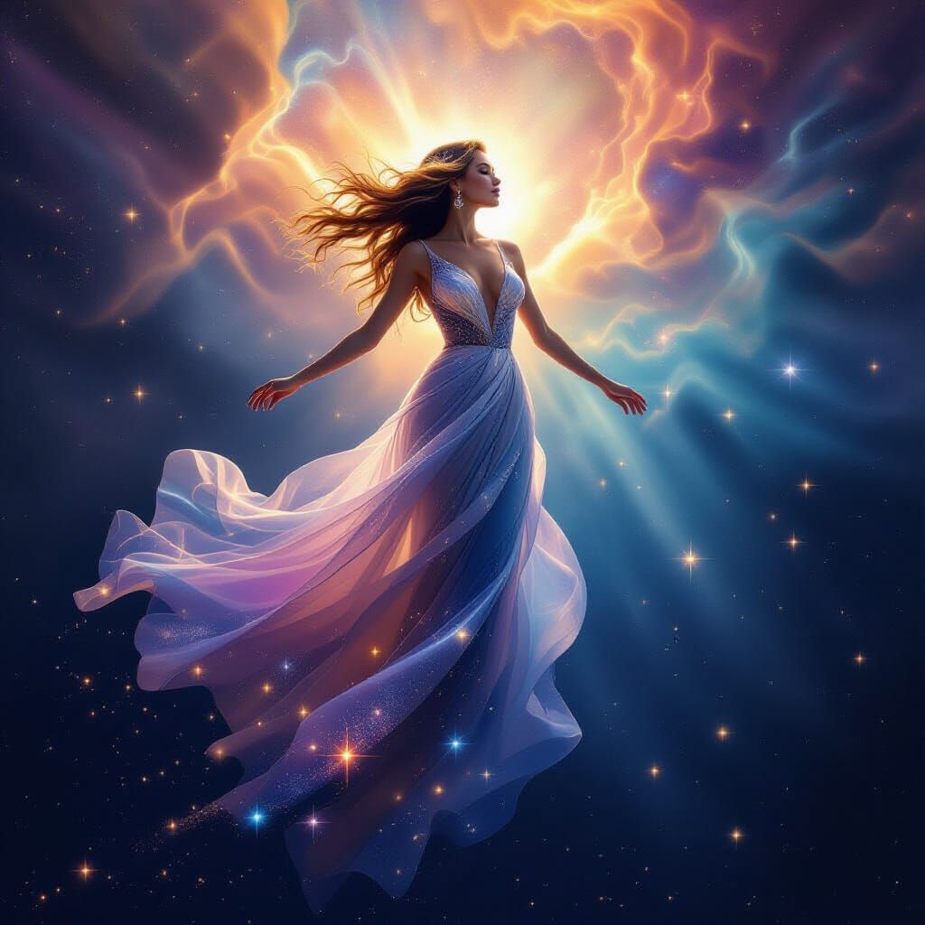Celestial Woman Dancing in Cosmic Stardust Nebula