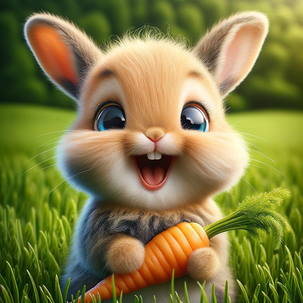 Laughing Baby Rabbit with Carrot in Meadow
