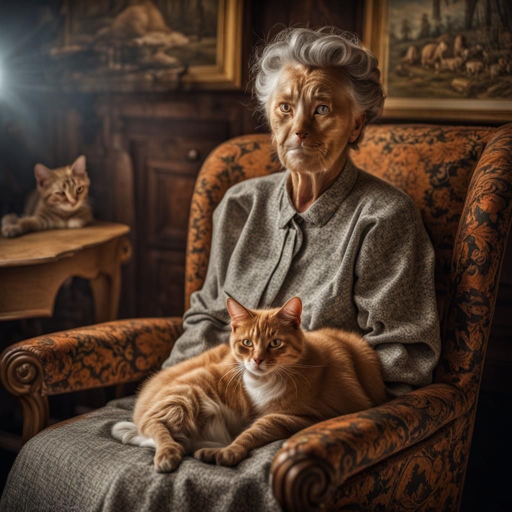 Cats and Person Portrait with Silk Embroidery