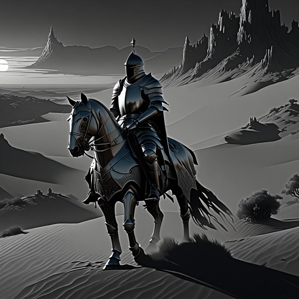 Lonely Knight Rides at Sunset: Fantasy Art