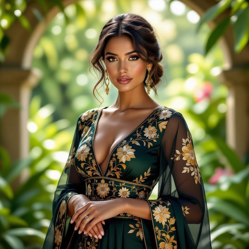 Golden Florals: Dark-Skinned Woman in Art Nouveau Style