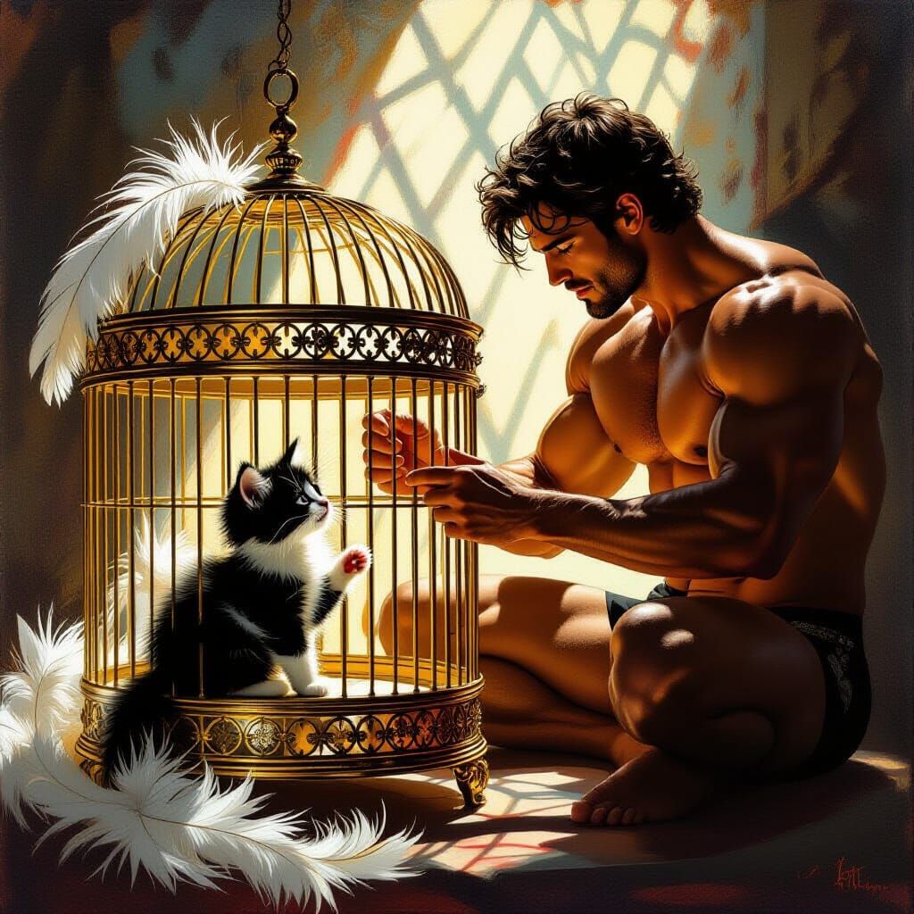 Muscular Man Cleans Ornate Birdcage With Kitten