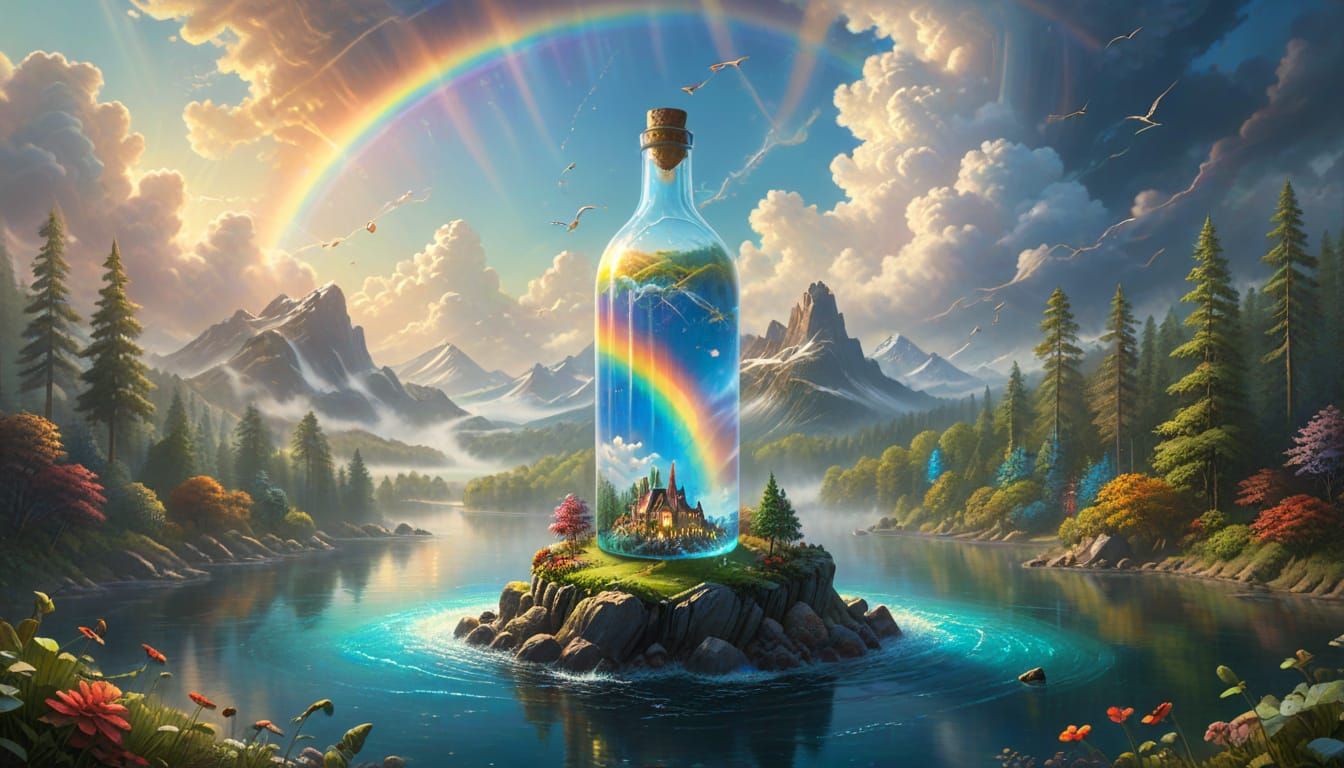 Rainbow Pouring Over Floating Fantasy Islands