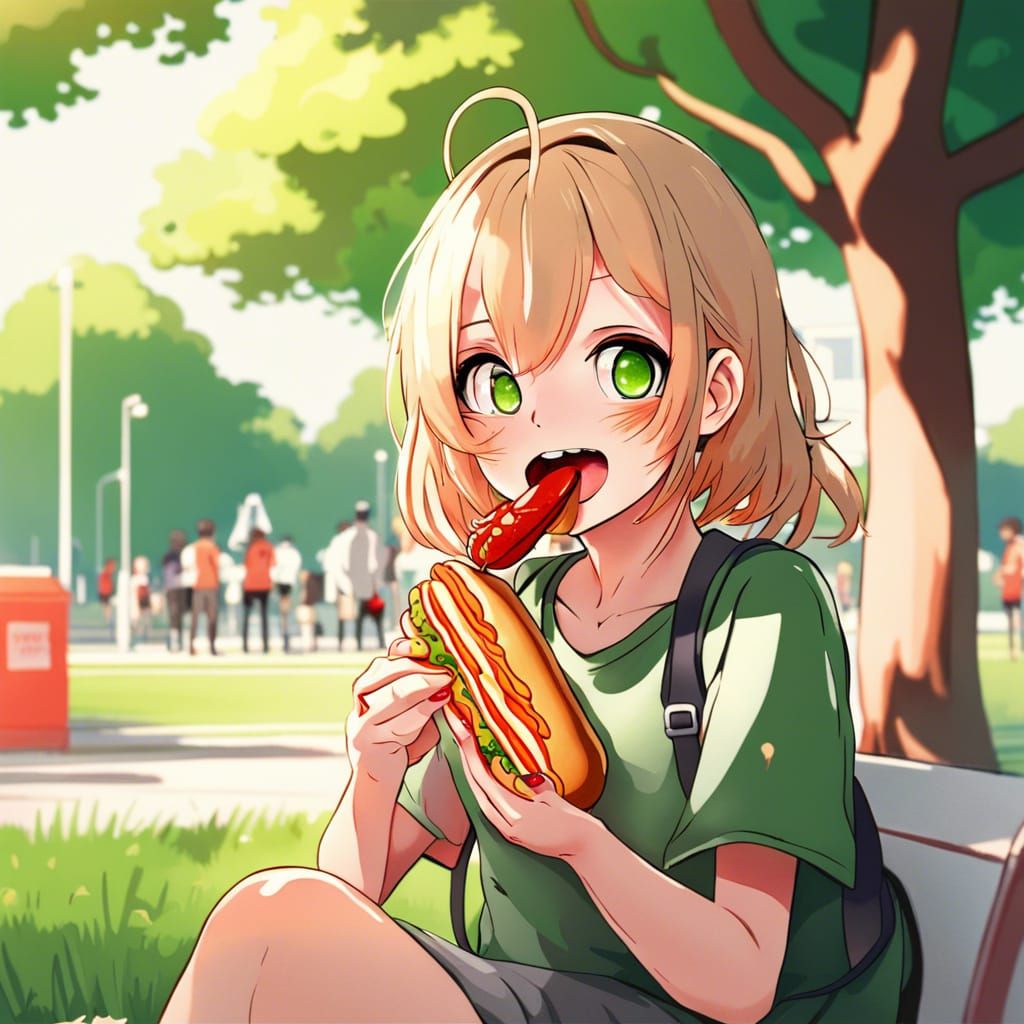 Anime Girl Eating Hotdog in Green Park