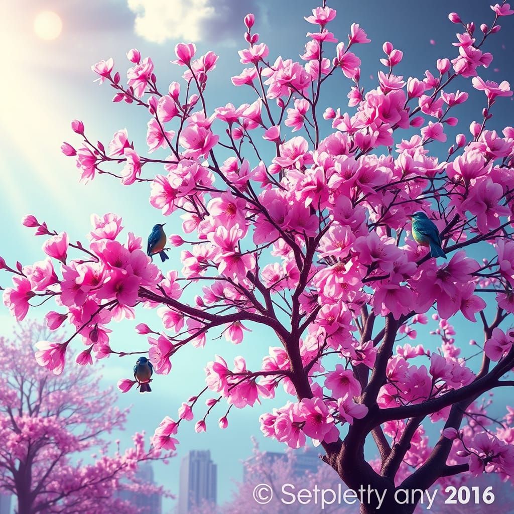 Majestic Almond Tree Blooms in Vibrant Bloom, Shining with N...