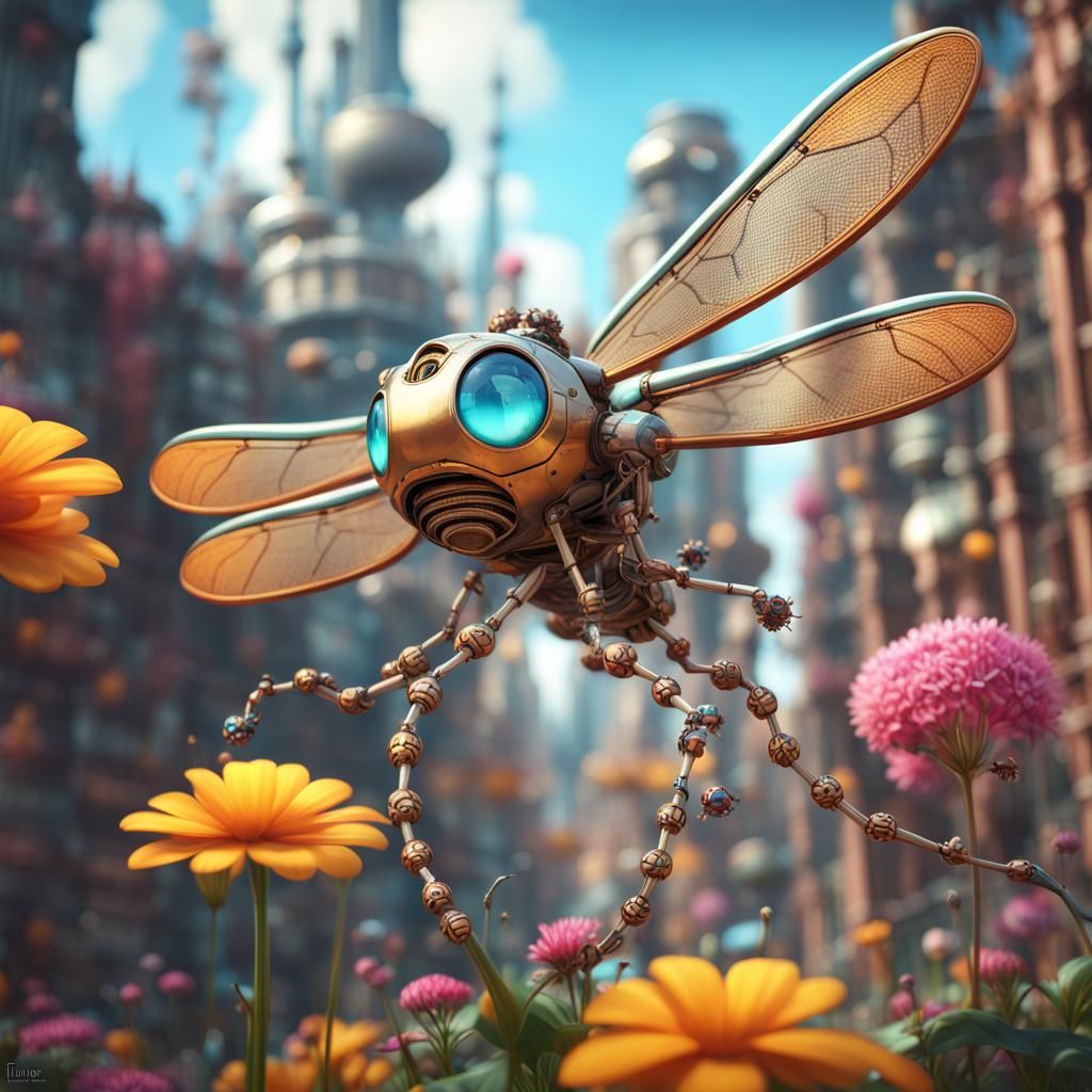 Mechanical Dragonfly in Solar Punk Flower City
