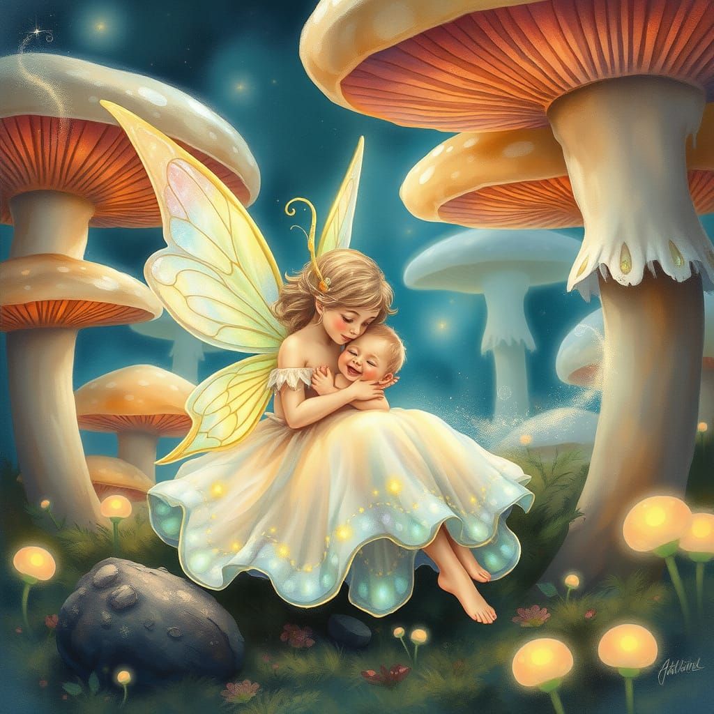 Fairy Mother and Child in Bioluminescent Mushroom Forest