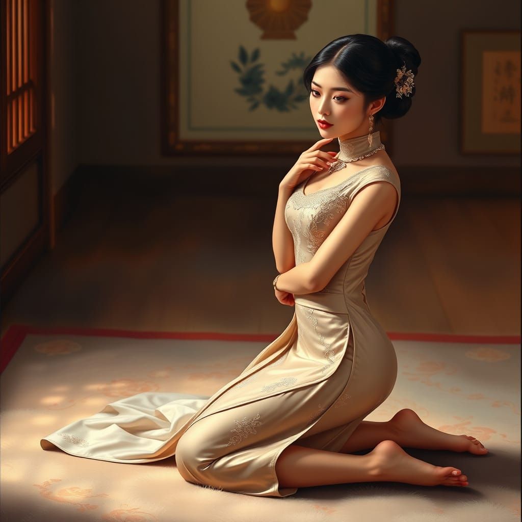 Elegant Asian Noblewoman in Traditional Qipao Attire