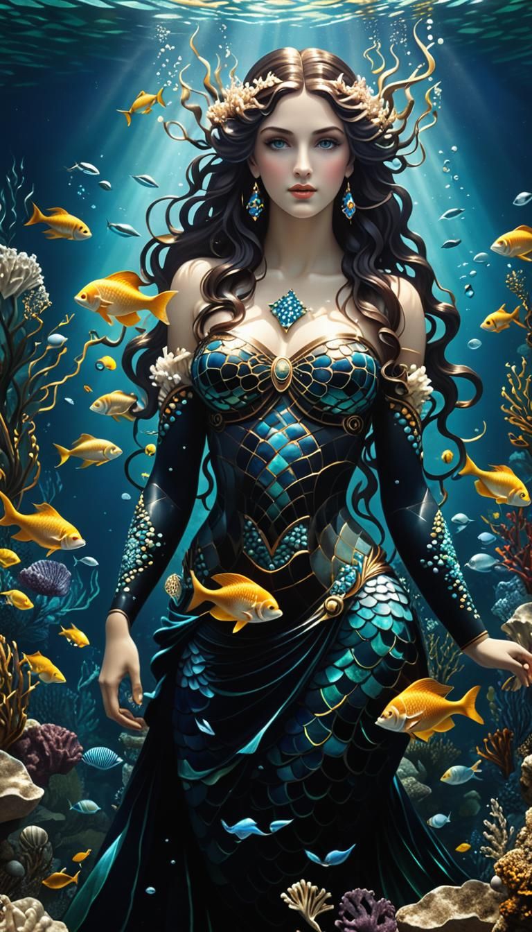 Underwater Mermaid Mosaic in Ancient Greek Style