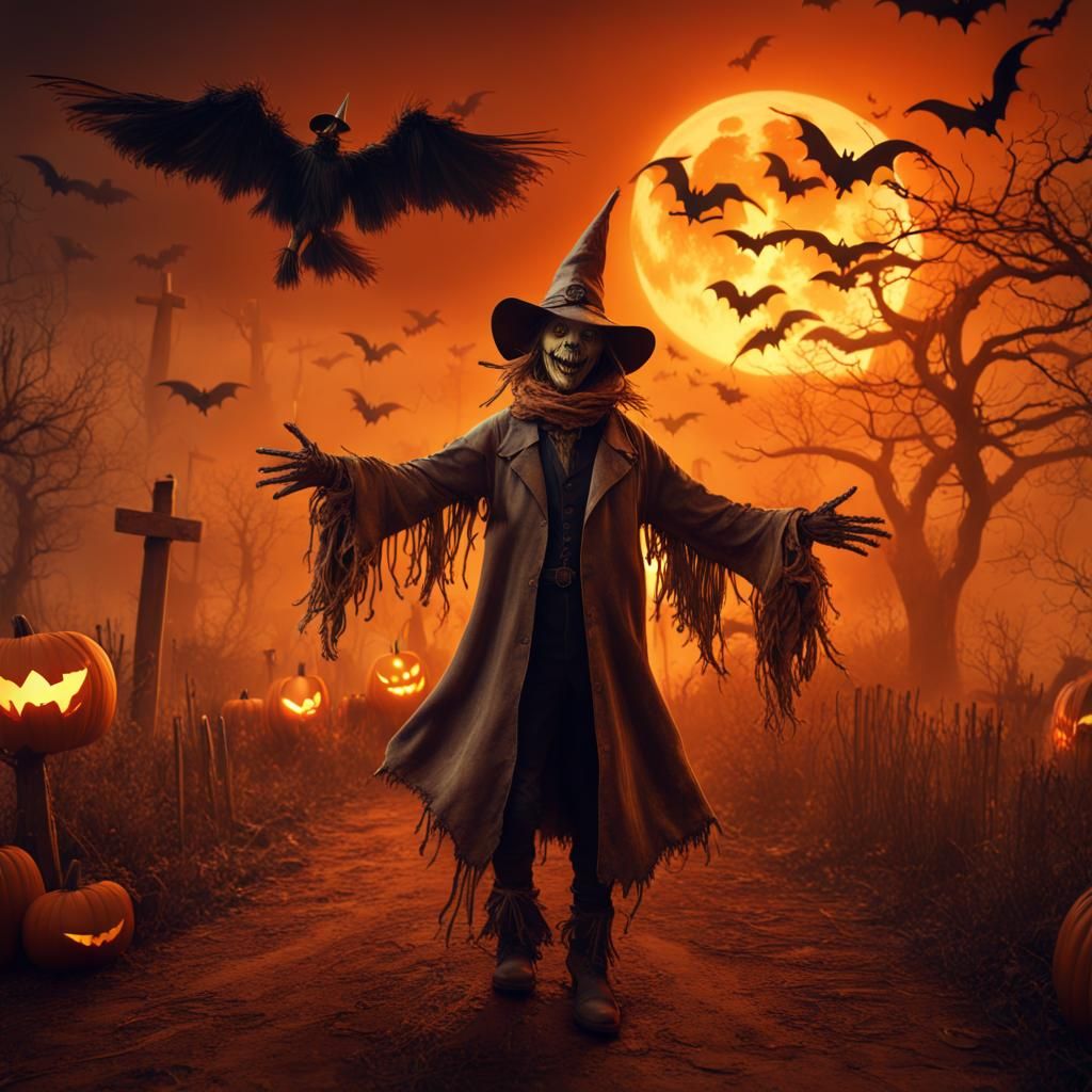 Spooky Halloween Scarecrow with Demons: Fantasy Art