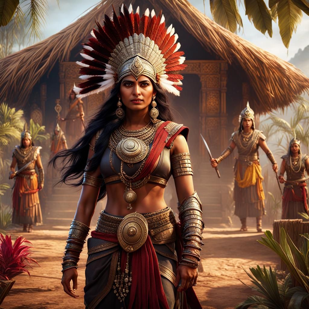 Indian Warrior Invites to Village, Detailed Matte Painting