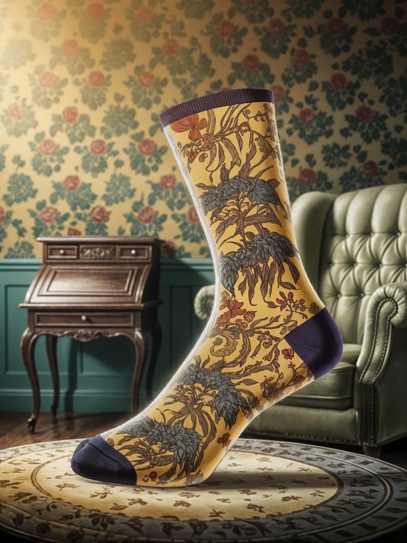 Anime Sock in Cozy Room with Vintage Wallpaper