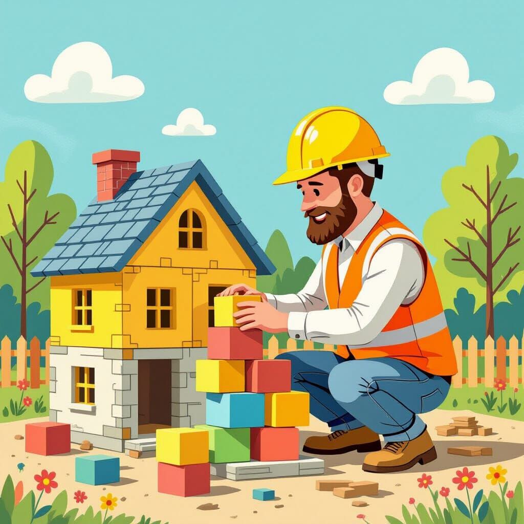 Children's Book Illustration of Engineer Building House