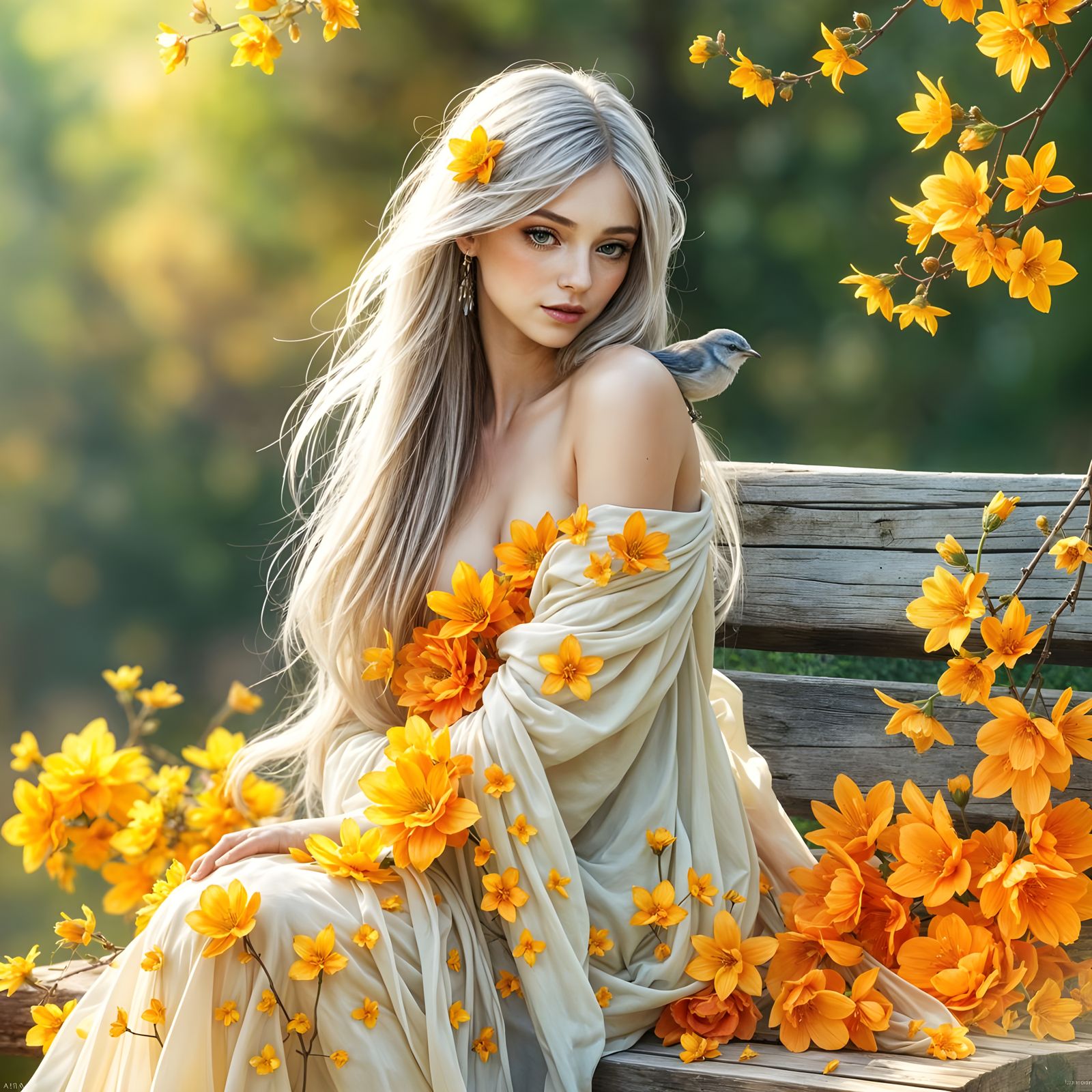 Enchanting Nymph in Vibrant Floral Haven