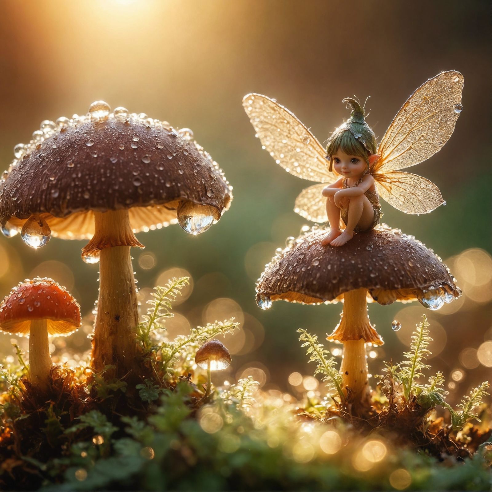 Macro Fairy on Mushroom at Dawn