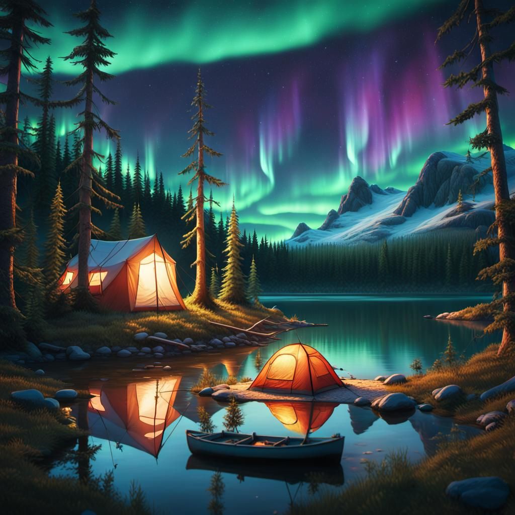 Aurora Borealis Over Cozy Lakeside Campsite