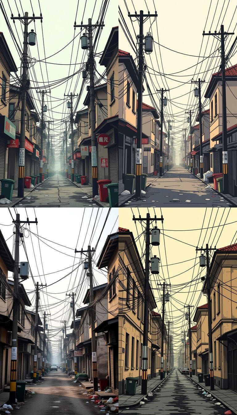 Chaotic Urban Street Scene with Tangled Wires