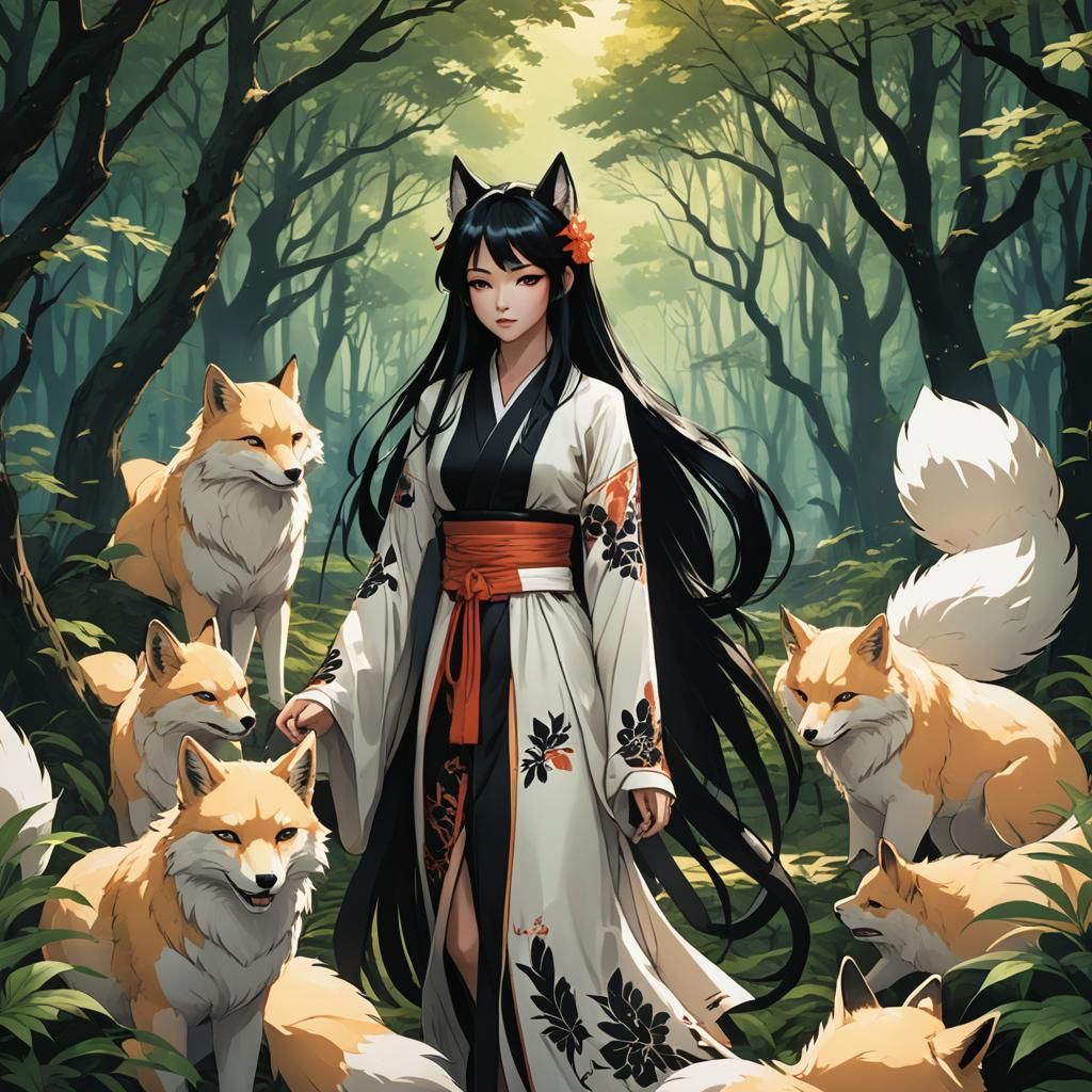 Kitsune Woman in Forest: Anime Cel-Shaded Art