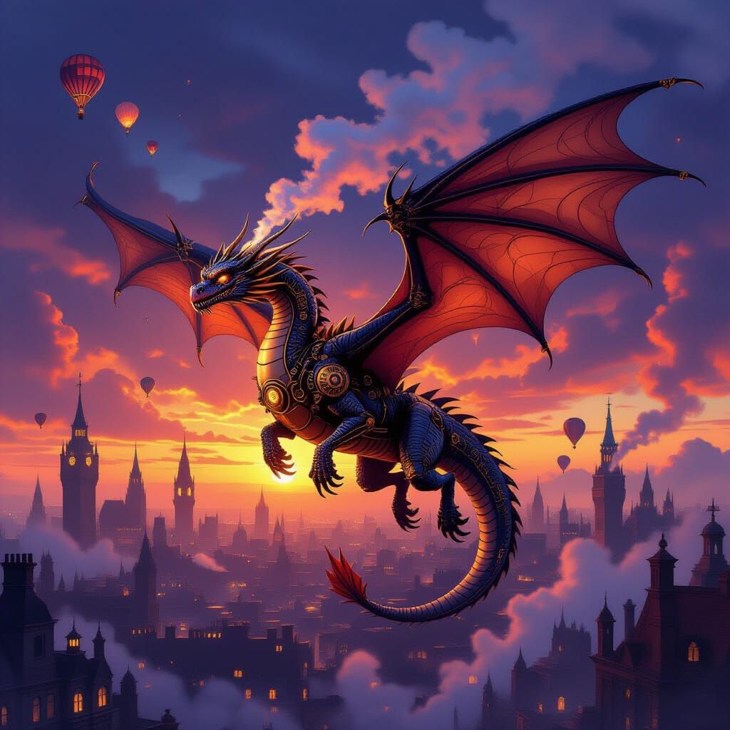 Steampunk Dragon Over Victorian Cityscape at Dusk