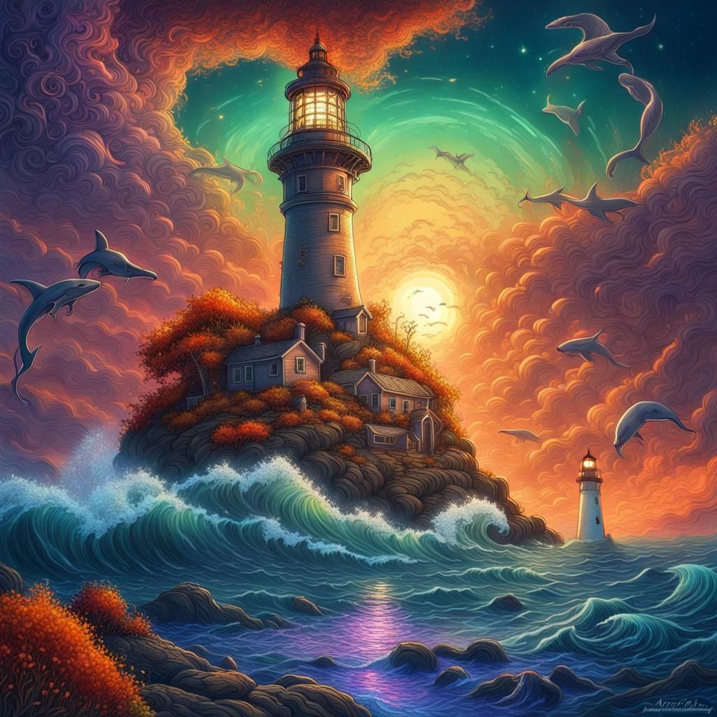 Autumn Seascape: Lighthouse and Flying Whale