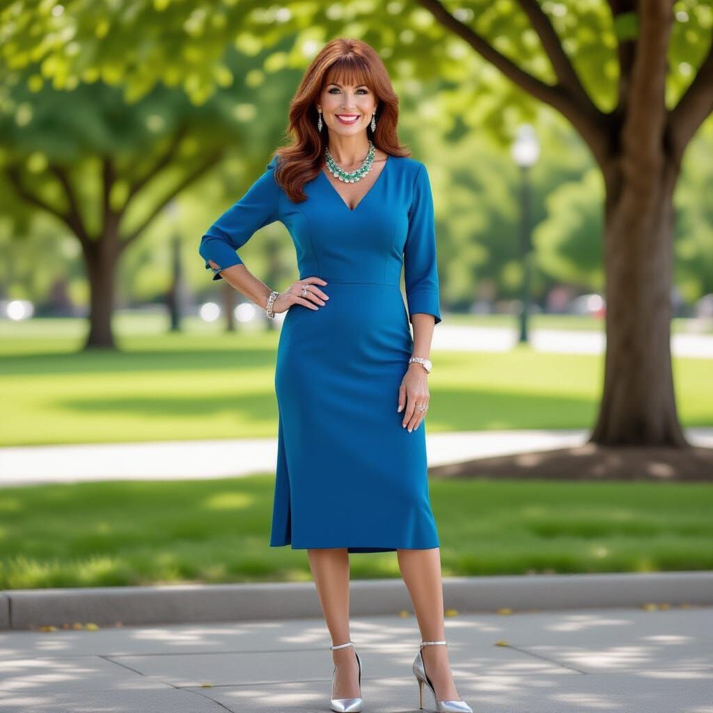 Elegant Woman in Blue Dress Poses in Park