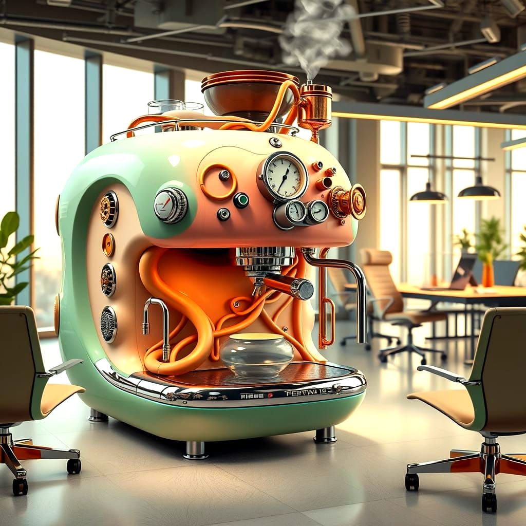 Vintage Futuristic Coffee Machine in Soft Pastel Hues
