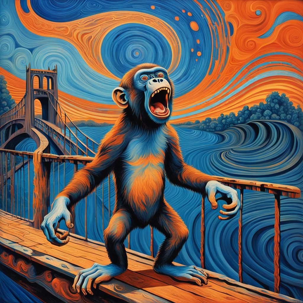 Screaming Monkey on Bridge, in Style of Max Ernst