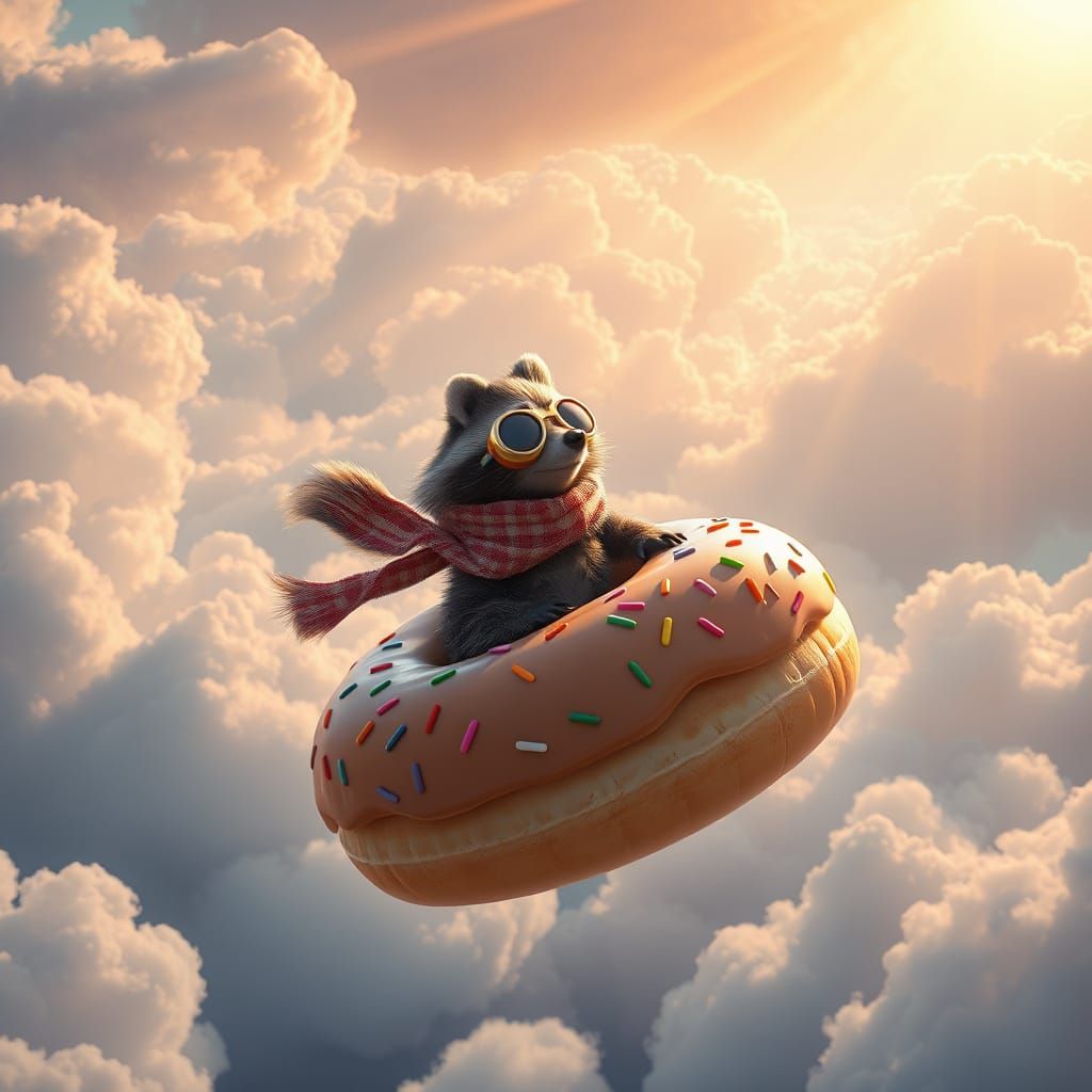 Raccoon Rides Donut Through Rainbow Sky: Fantasy Art