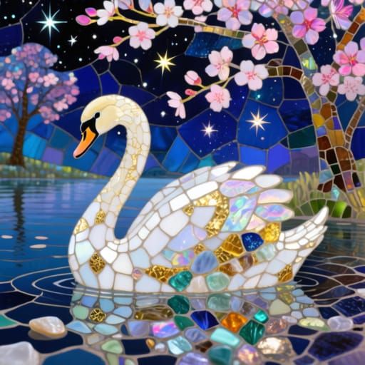 Mosaic Swan Artwork: Magical White Gold Swan on Starry Lake