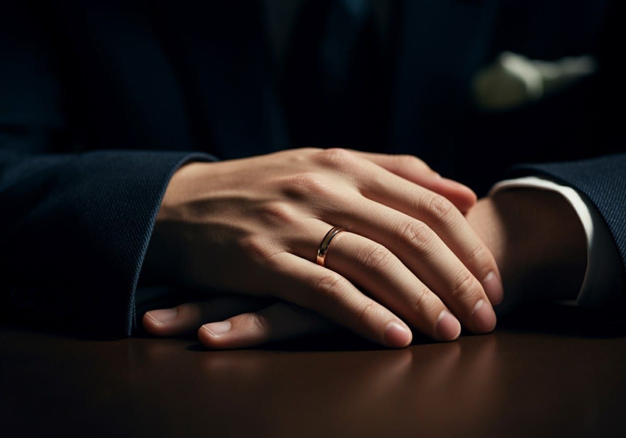 Male Hands with Wedding Band in Soft Light