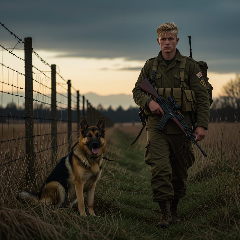 Danish Soldier Patrols Fen With Dog in 1988 Cinematic Style