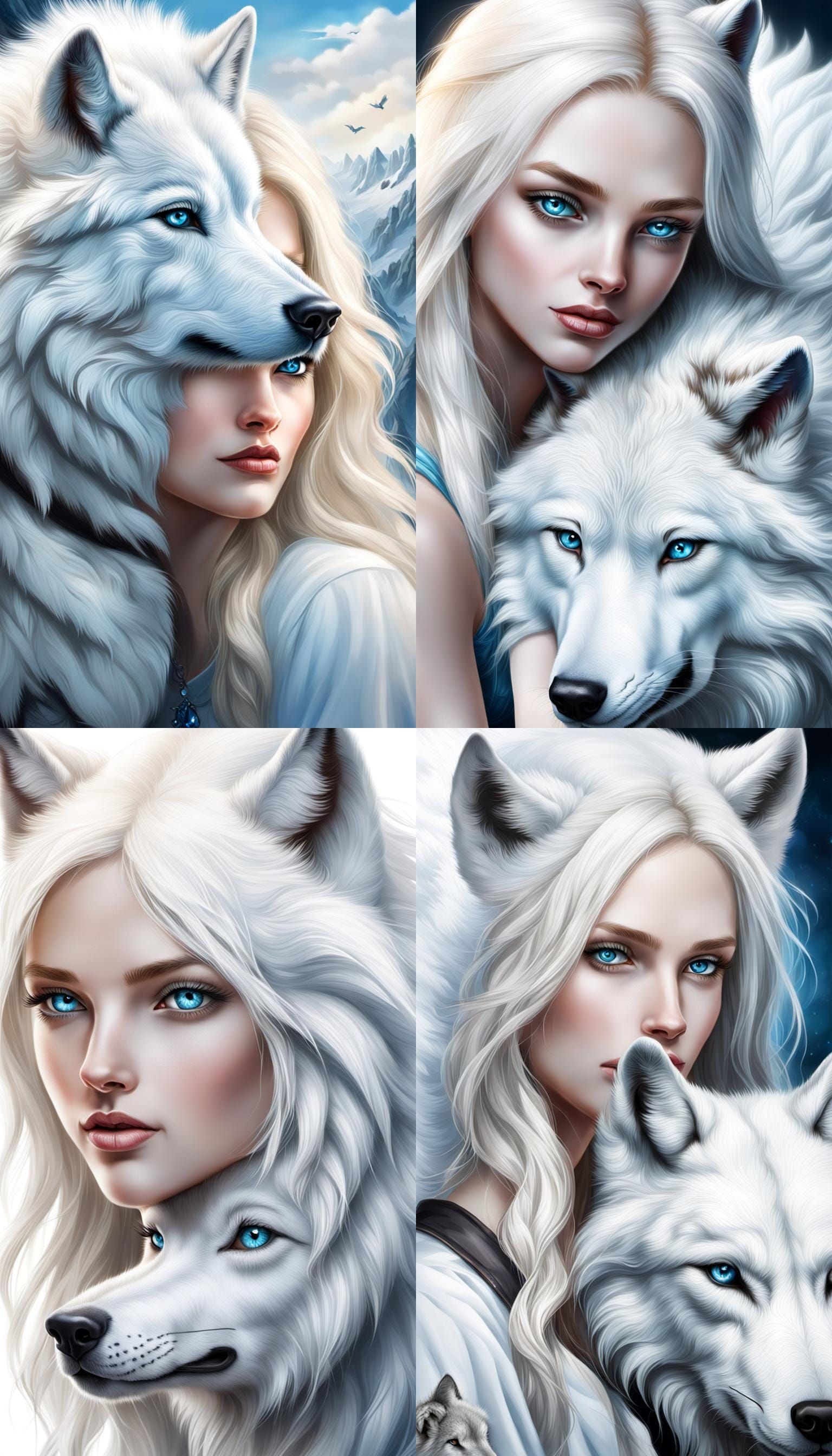 Beautiful Blond Goddess with White Wolf Companion in Realist...