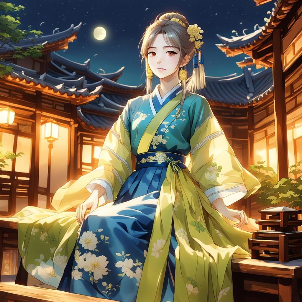 K-pop Girl in Silk Chinese Dress, Anime Style