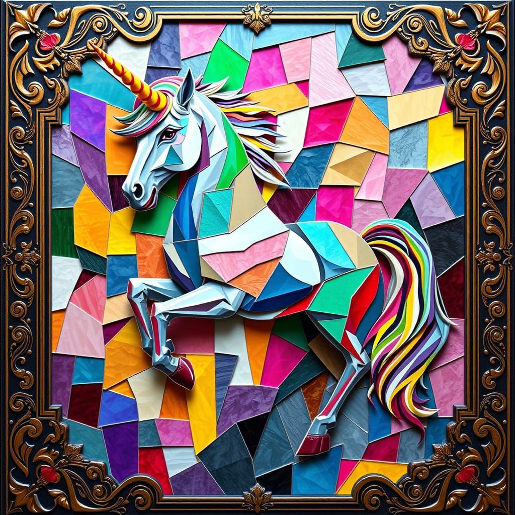Vibrant Cubist Unicorn in Art Deco Framework