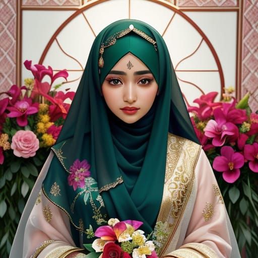 Floral Portrait of Woman in Hijab, Renaissance Style