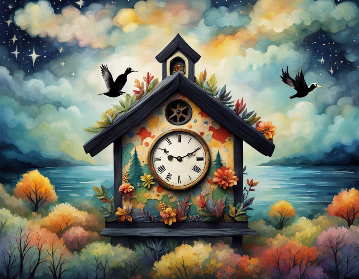 Surreal Cuckoo Clock Landscape in Dali Style