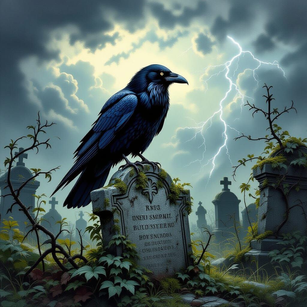 Gothic Raven in Cemetery, Hyperrealistic Charcoal Art
