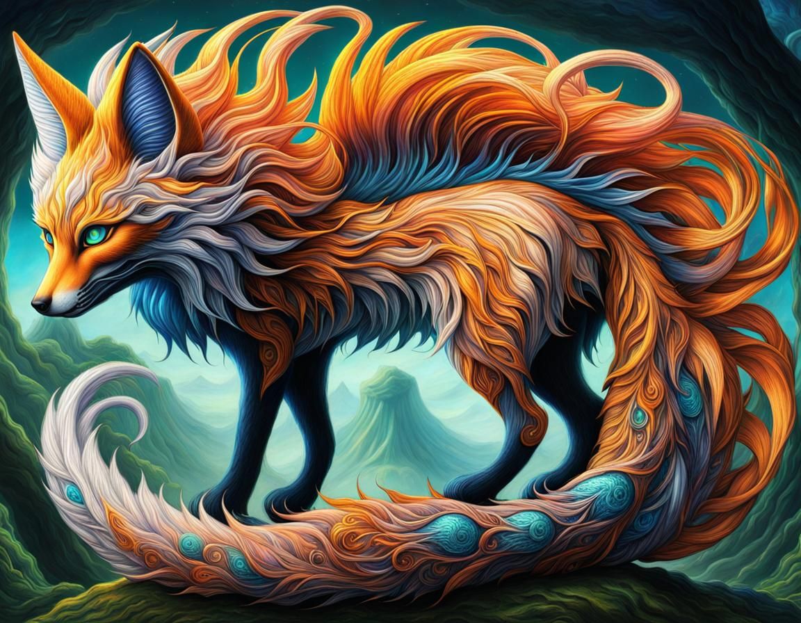 Detailed Nine-Tailed Kitsune in Fantasy Ink Art