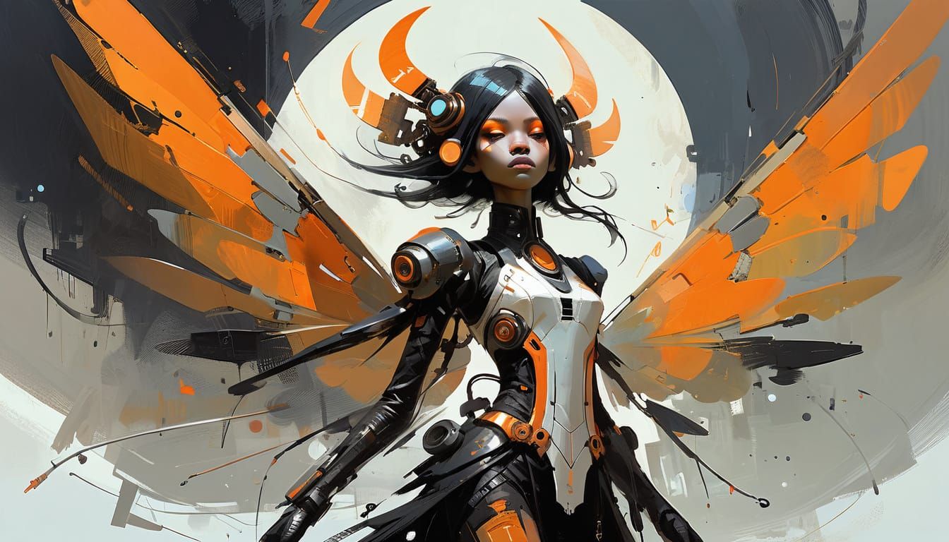 Gothpunk Angelic Fairy with Orange Accents and Metallic Part...