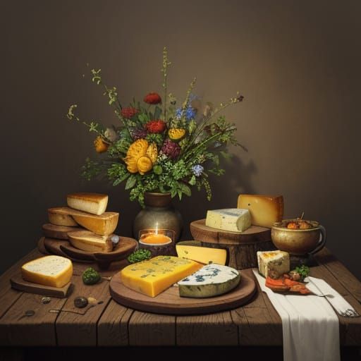 Vibrant Dutch Master Still Life of Cheeses Resembling Faces