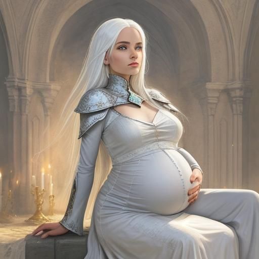 Pregnant White-Haired Sorceress Sitting Down