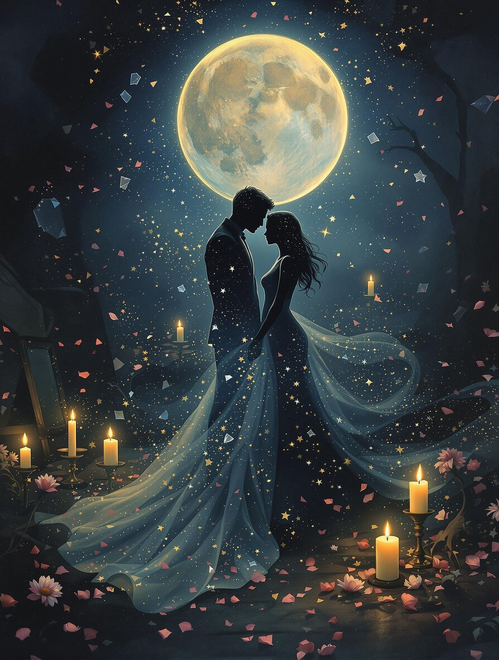 Surreal Moonlit Attic Scene in Soft-Focus Digital Charcoal