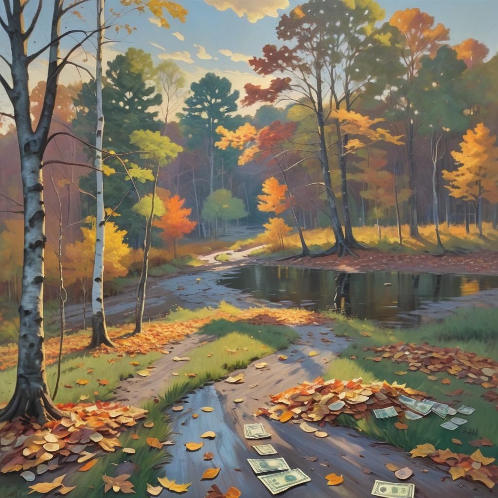 Autumn Landscape with Scattered Dollars in Oil Painting