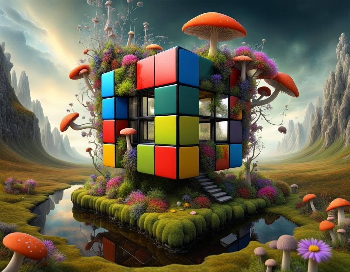 Fractal Surrealism: Enchanted Landscape with Cubic Abode