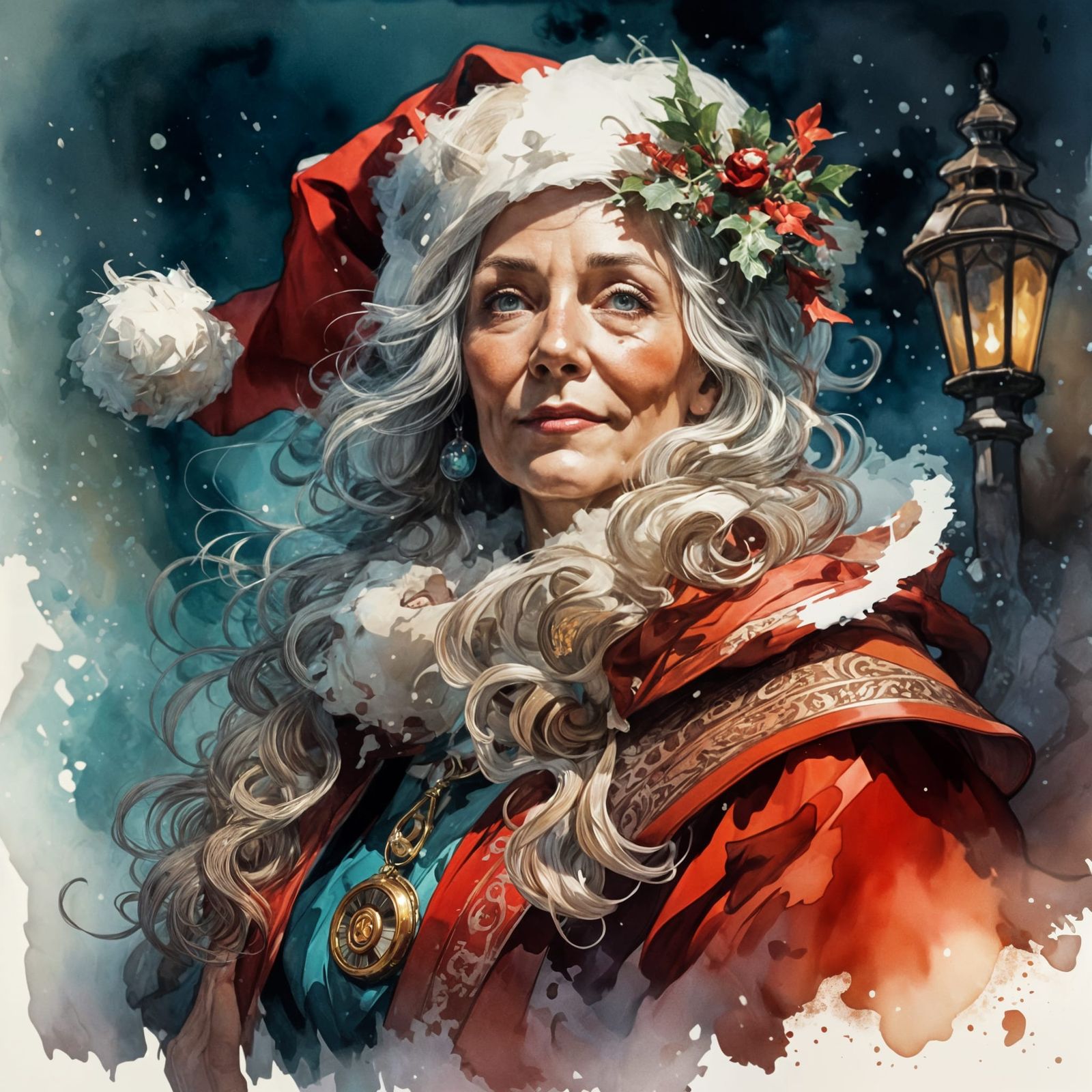 Festive Portrait of Ms. Claus in Romantic Watercolor Style