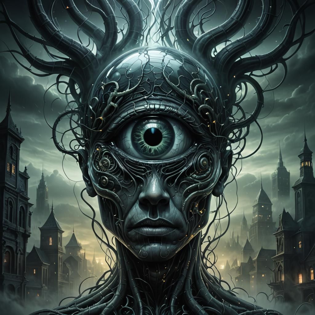 Surreal Dark Fantasy Glass Brain in Futuristic Cityscape