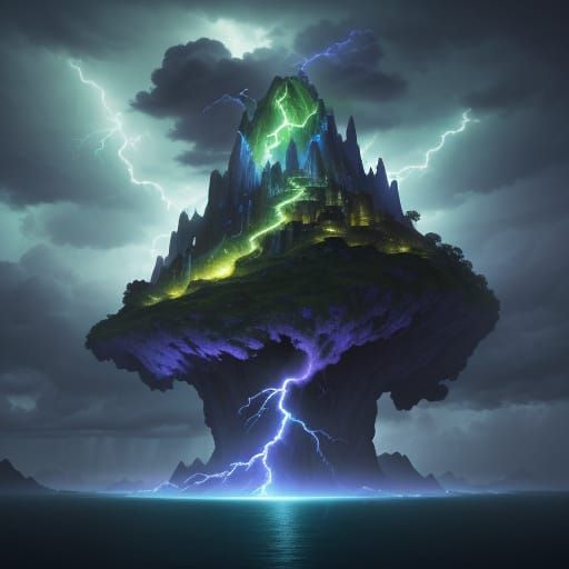 Boat Soaring to Sky Island in Electric Storm